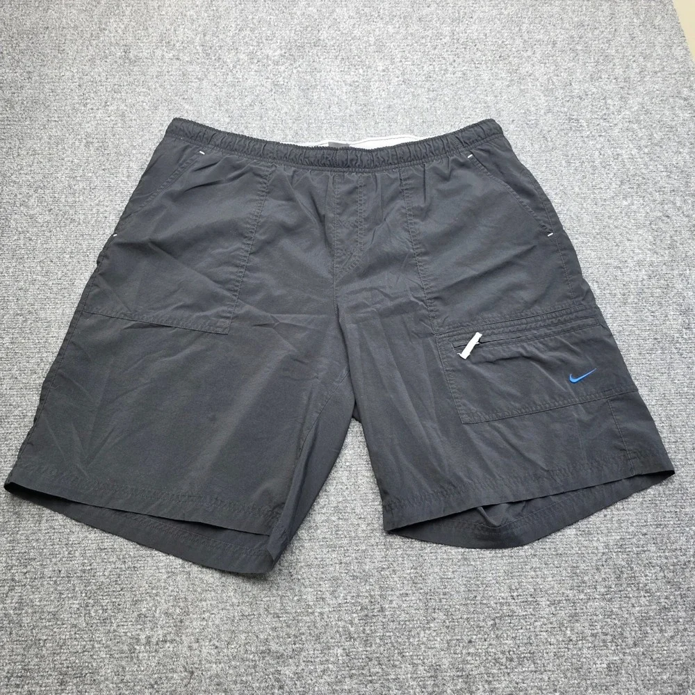 Nike Men's‎ Swim Trunks Shorts Size XL Black Cargo Pocket Mesh Lined Blue Swoosh